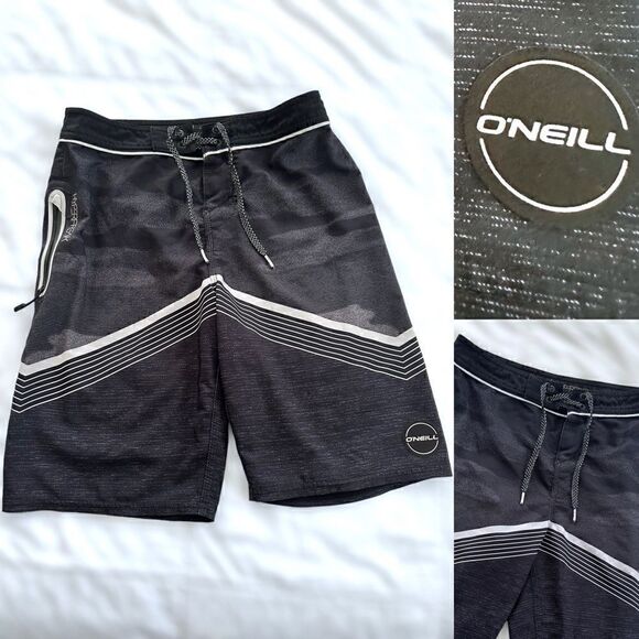 O’Neill Big Boys 26 Waist Striped Unlined Board Shorts Blue Blue Gray Black - Picture 1 of 12